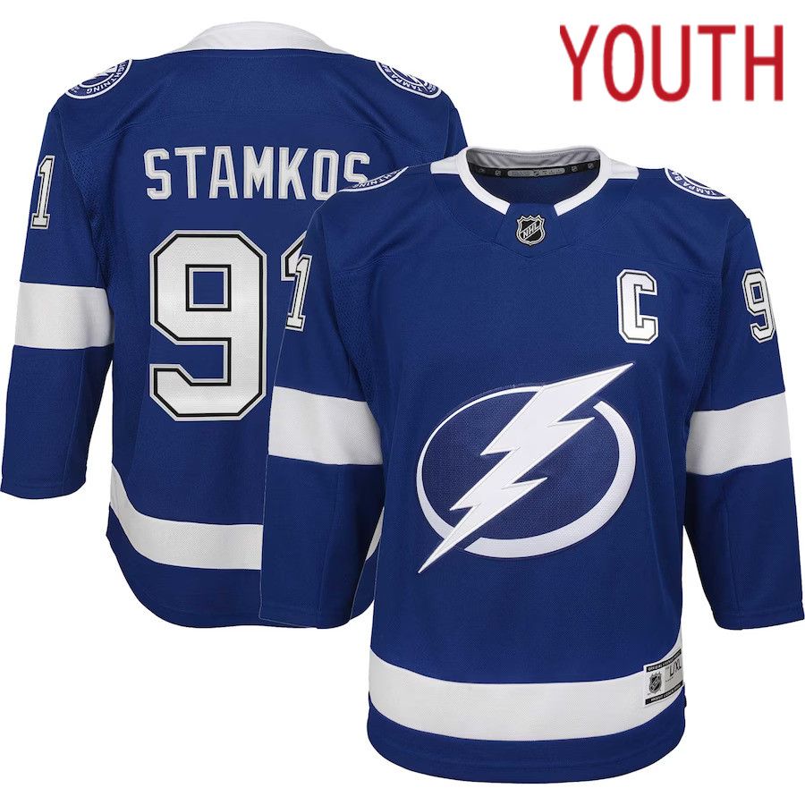 Youth Tampa Bay Lightning #91 Steven Stamkos Blue Home Captain Premier Player NHL Jersey->toronto maple leafs->NHL Jersey